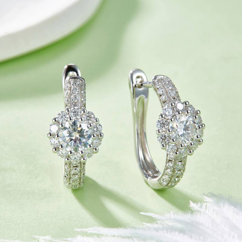 三排对半太阳花耳环S925银Moissanite厘石D级1.996ct